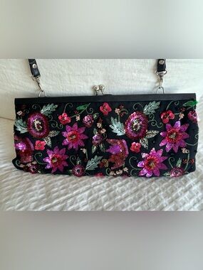Embellished Black Sequin Floral Clutch